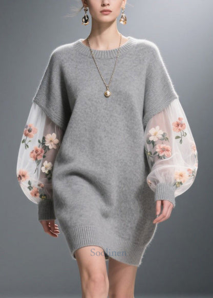 Unique Grey Daisy Patchwork Tulle Long Sweater Fall