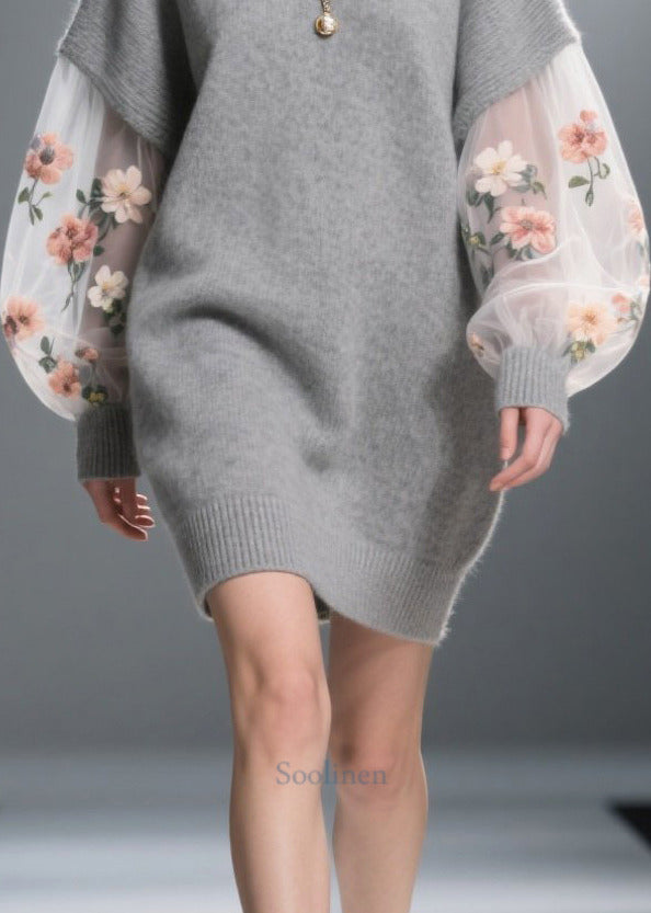 Unique Grey Daisy Patchwork Tulle Long Sweater Fall