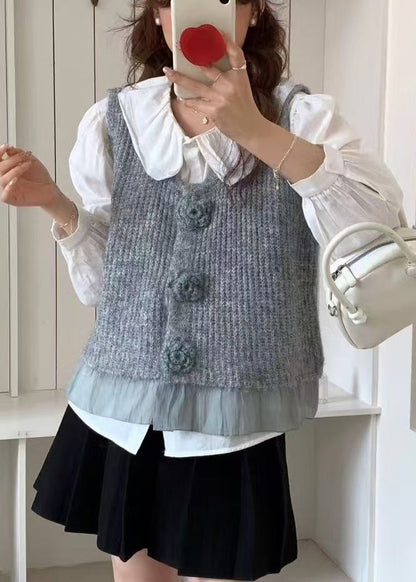 Unique Grey Floral Decorated Patchwork Knit Vests Spring