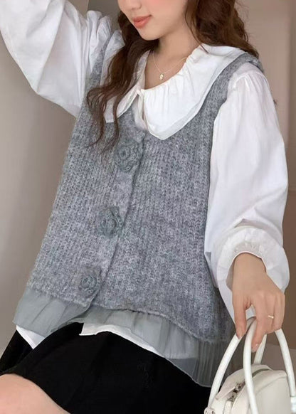 Unique Grey Floral Decorated Patchwork Knit Vests Spring