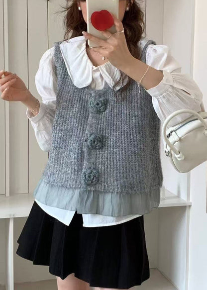 Unique Grey Floral Decorated Patchwork Knit Vests Spring