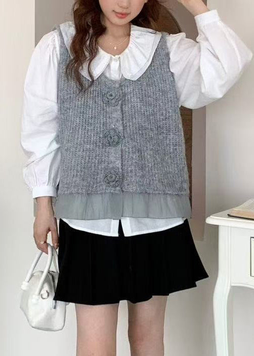 Unique Grey Floral Decorated Patchwork Knit Vests Spring