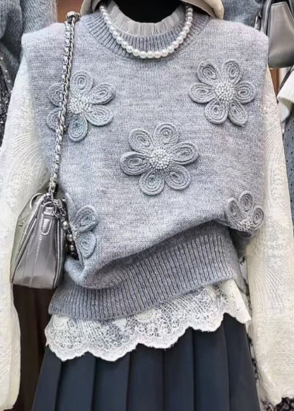Unique Grey Floral Knit Vest And Shirts 2 Piece Outfit Spring