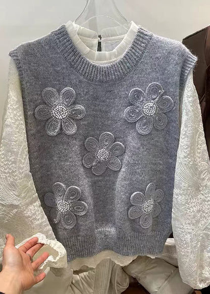 Unique Grey Floral Knit Vest And Shirts 2 Piece Outfit Spring
