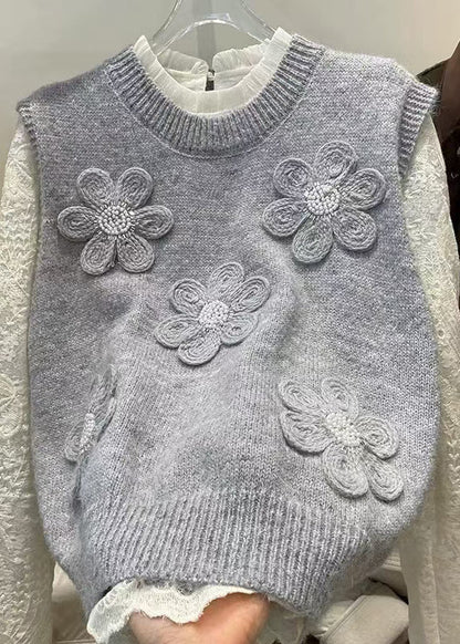 Unique Grey Floral Knit Vest And Shirts 2 Piece Outfit Spring
