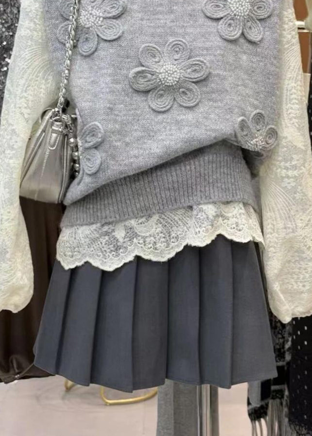 Unique Grey Floral Knit Vest And Shirts 2 Piece Outfit Spring