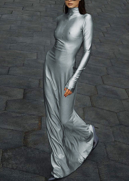 Unique Grey High Neck Zip Up Patchwork Slim Fit Maxi Dresses