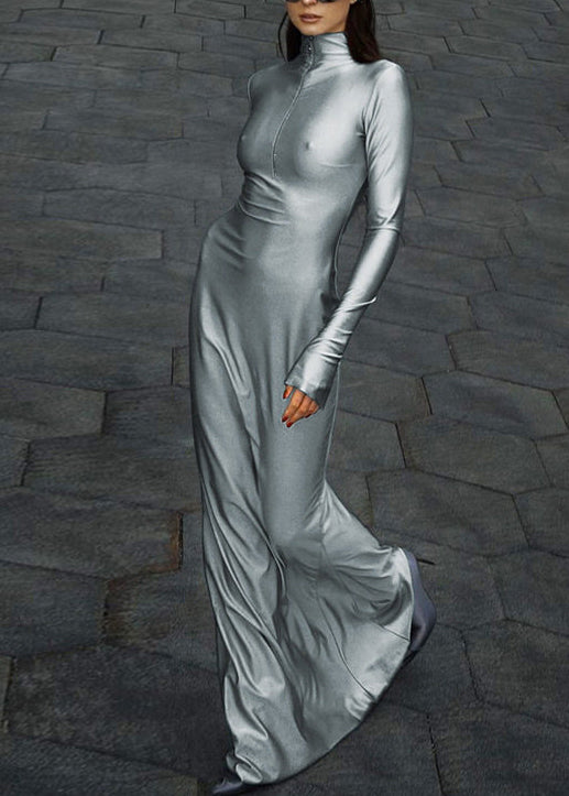 Unique Grey High Neck Zip Up Patchwork Slim Fit Maxi Dresses