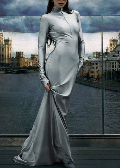 Unique Grey High Neck Zip Up Patchwork Slim Fit Maxi Dresses