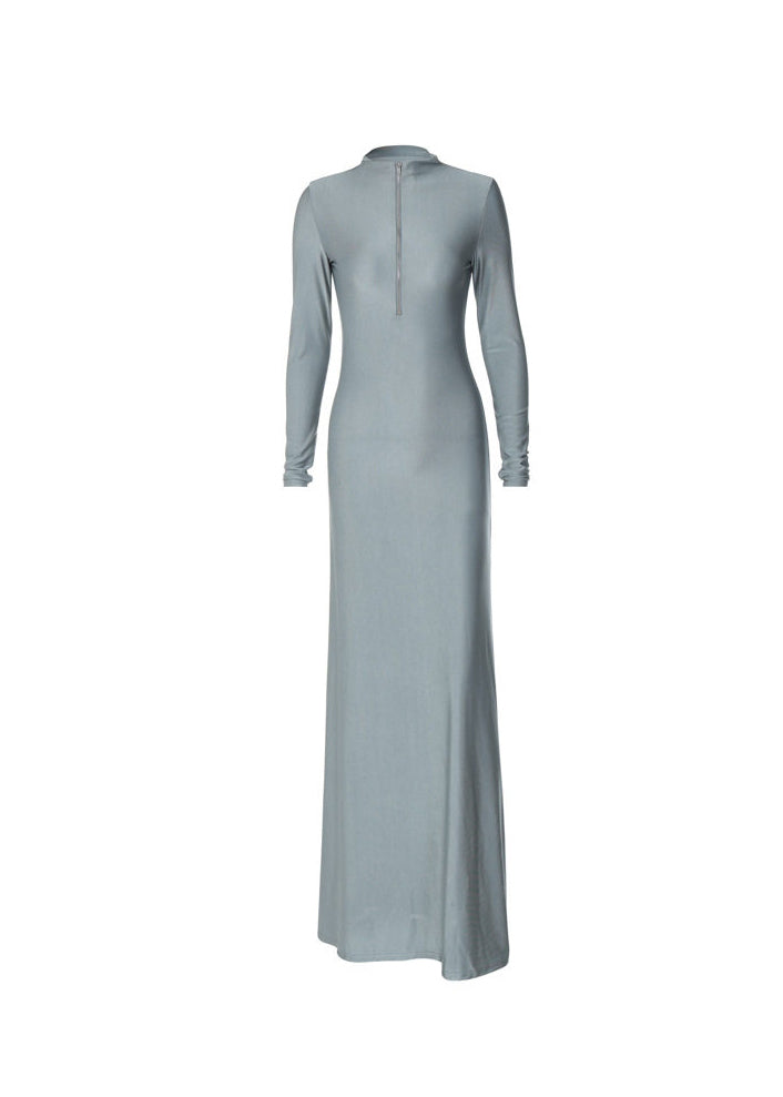 Unique Grey High Neck Zip Up Patchwork Slim Fit Maxi Dresses