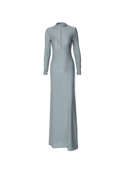 Unique Grey High Neck Zip Up Patchwork Slim Fit Maxi Dresses