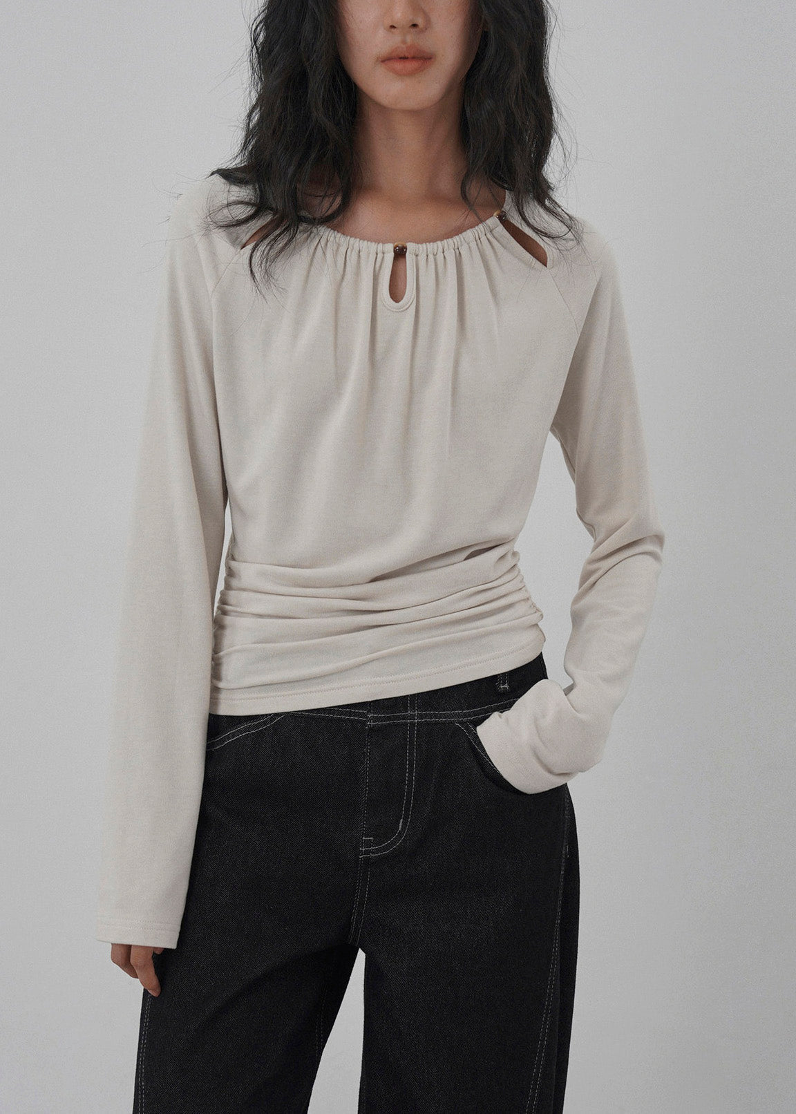 Unique Grey O Neck Hollow Out Wrinkled Cotton Top Spring