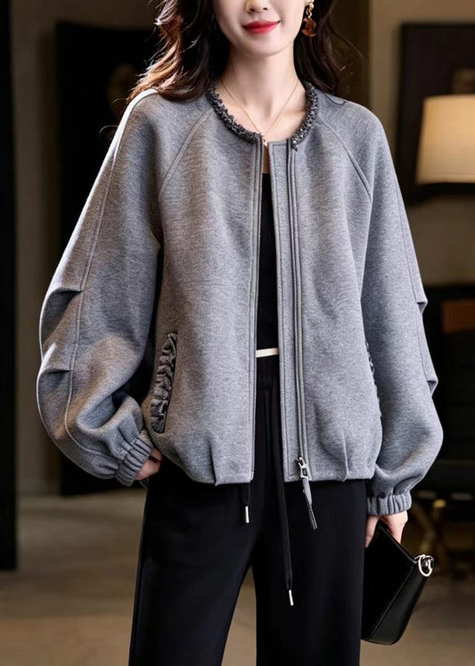 Unique Grey O-Neck Nail Bead Zip Up Cotton Jacket Fall