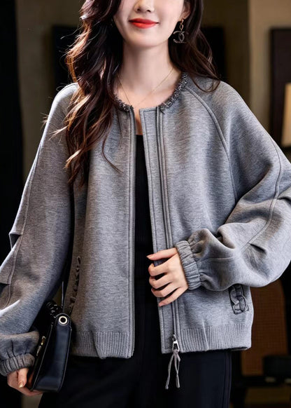 Unique Grey O-Neck Nail Bead Zip Up Cotton Jacket Fall