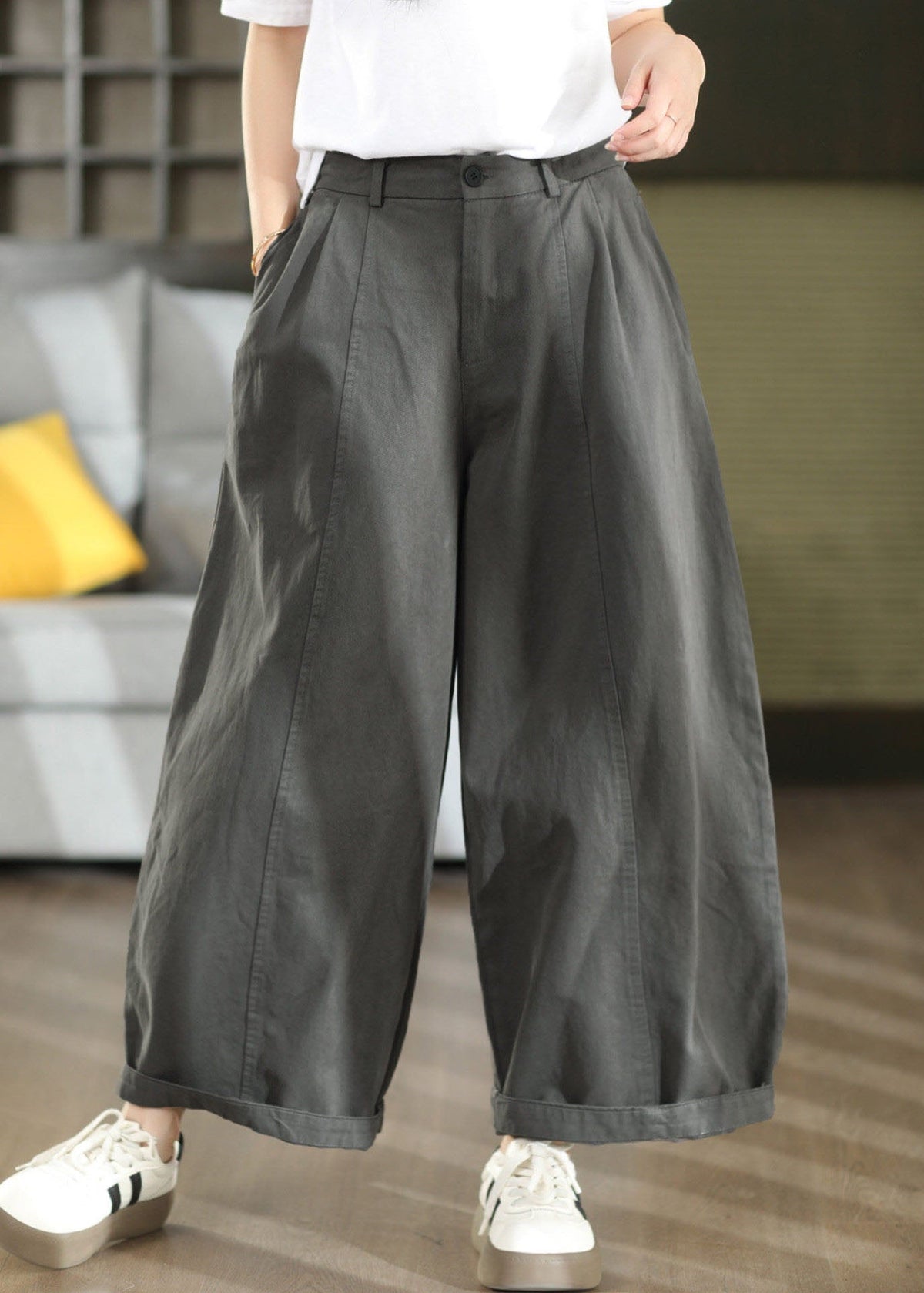 Unique Grey Oversized Cotton Wide Leg Pants Fall