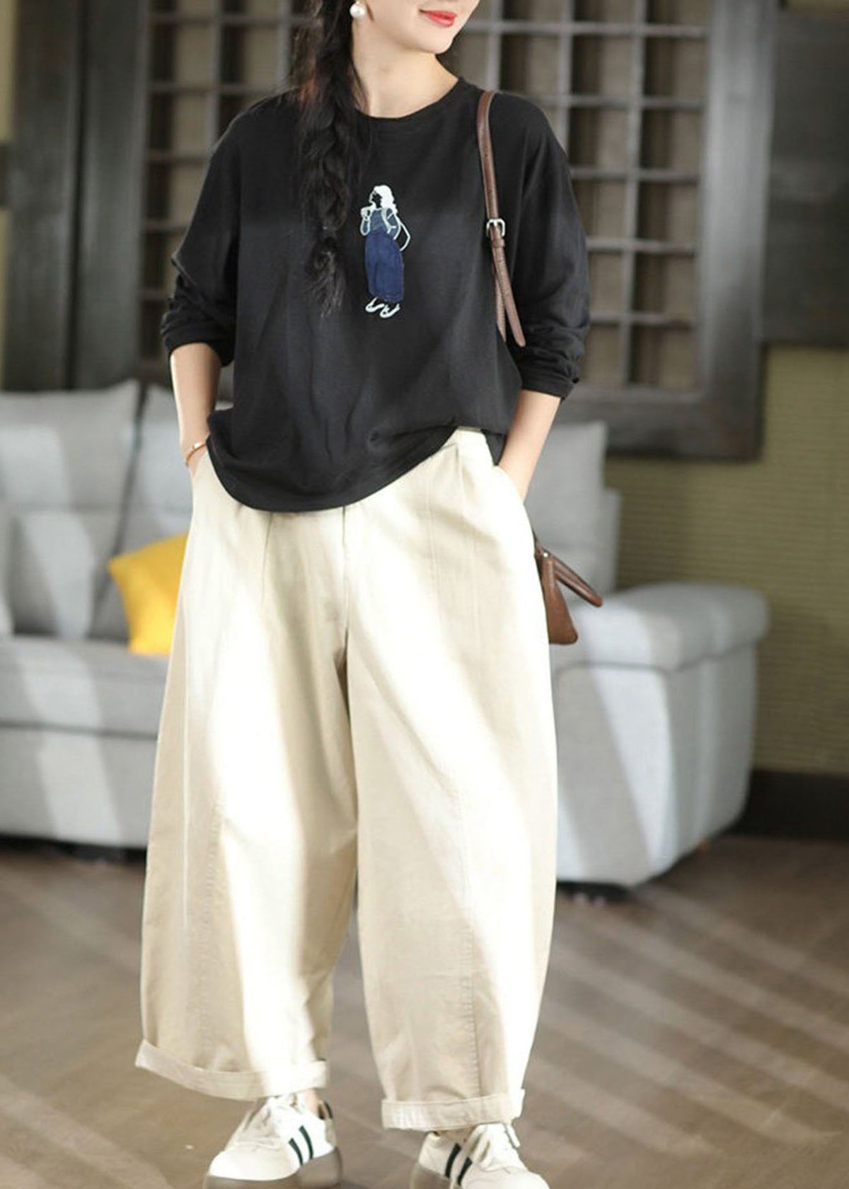 Unique Grey Oversized Cotton Wide Leg Pants Fall
