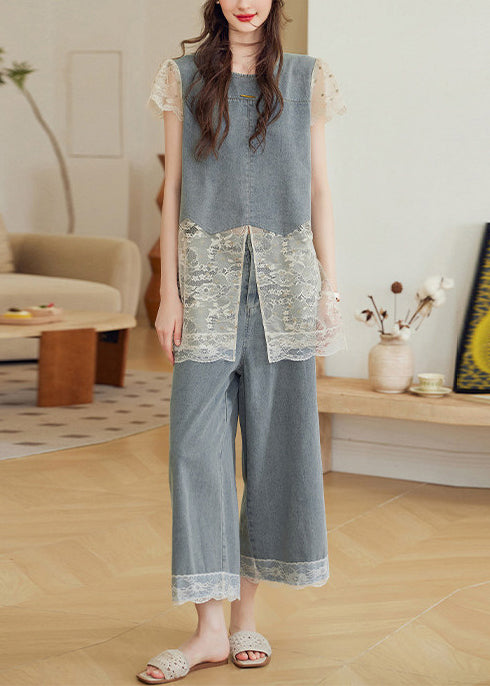 Unique Grey Oversized Patchwork Lace Two Pieces Set Summer