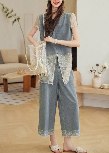 Unique Grey Oversized Patchwork Lace Two Pieces Set Summer