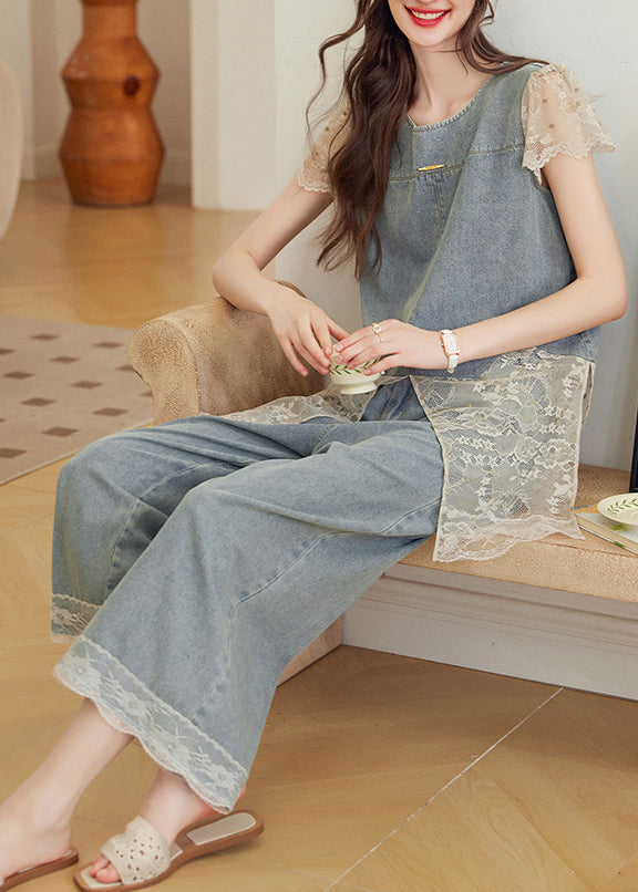 Unique Grey Oversized Patchwork Lace Two Pieces Set Summer