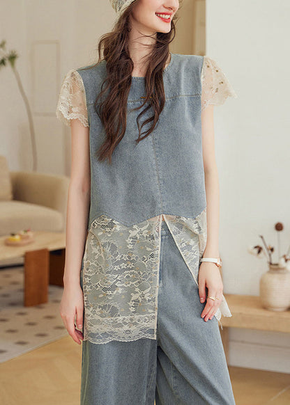 Unique Grey Oversized Patchwork Lace Two Pieces Set Summer