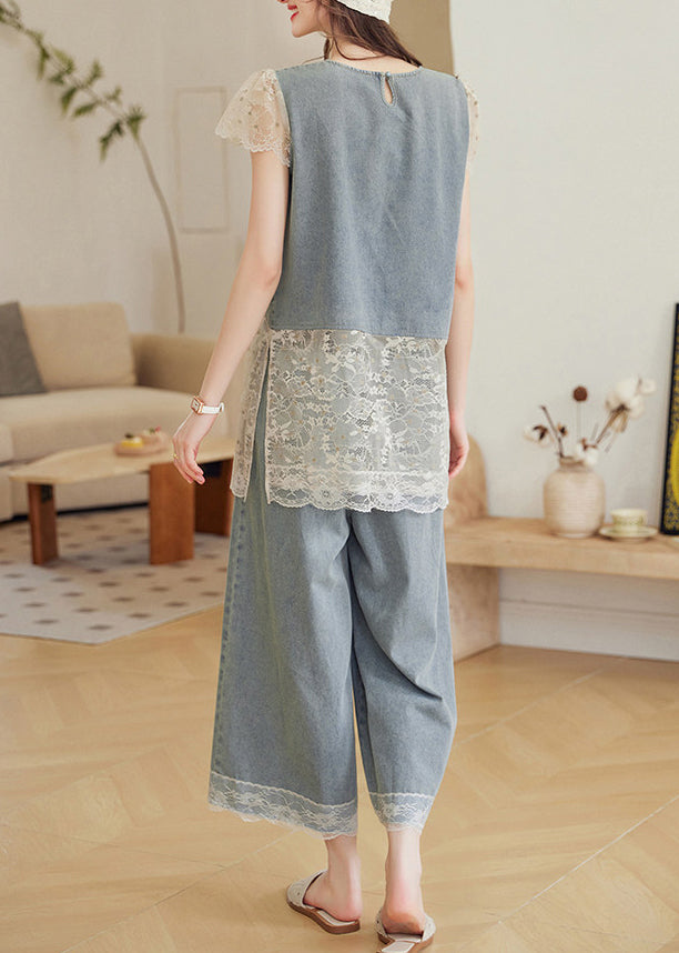 Unique Grey Oversized Patchwork Lace Two Pieces Set Summer