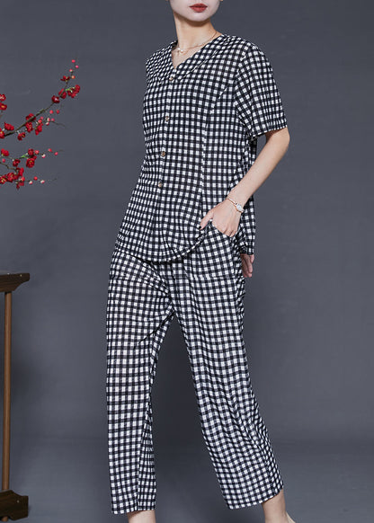 Unique Grey Oversized Plaid Linen Two Piece Set Summer