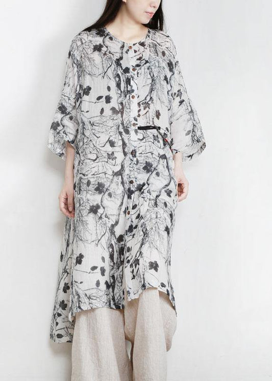 Unique Grey Print Patchwork Asymmetrical Design Ramie Top Fall - SooLinen