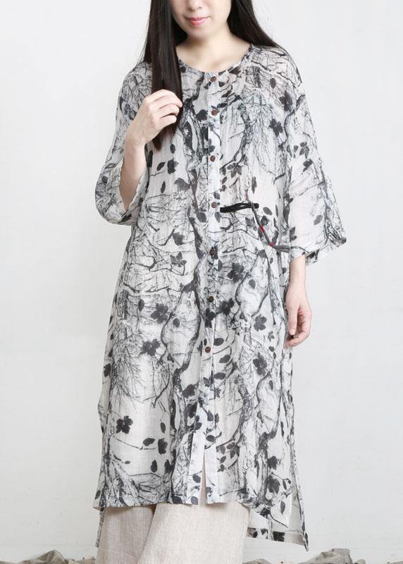 Unique Grey Print Patchwork Asymmetrical Design Ramie Top Fall - SooLinen