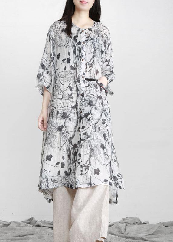 Unique Grey Print Patchwork Asymmetrical Design Ramie Top Fall - SooLinen