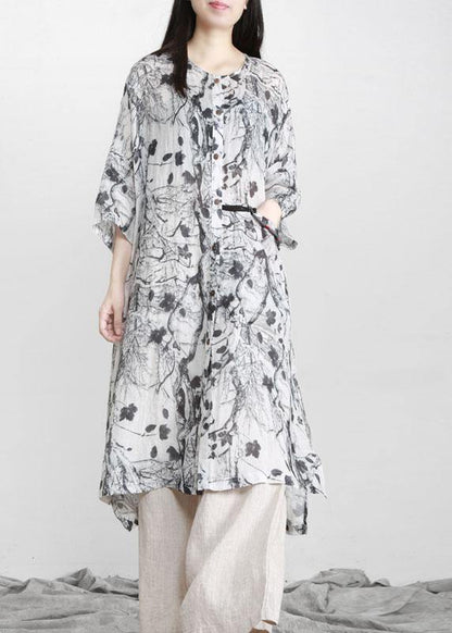 Unique Grey Print Patchwork Asymmetrical Design Ramie Top Fall - SooLinen