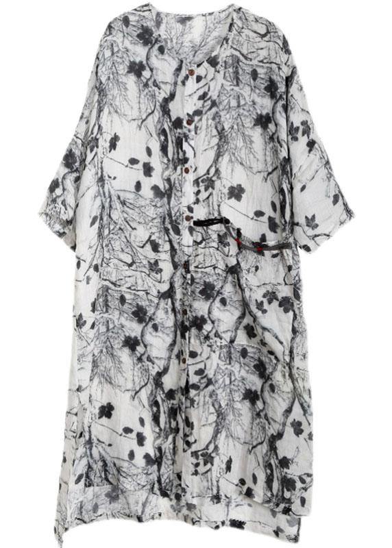 Unique Grey Print Patchwork Asymmetrical Design Ramie Top Fall - SooLinen