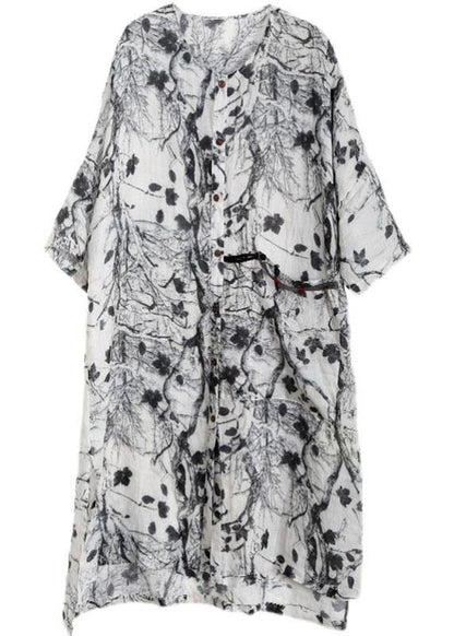 Unique Grey Print Patchwork Asymmetrical Design Ramie Top Fall - SooLinen