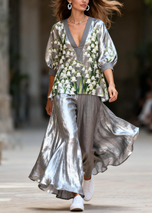 Unique Grey V Neck Print Patchwork Cotton Women Sets 2 Pieces Summer