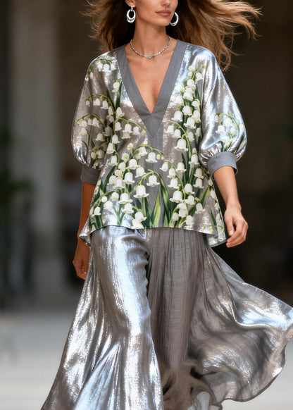 Unique Grey V Neck Print Patchwork Cotton Women Sets 2 Pieces Summer