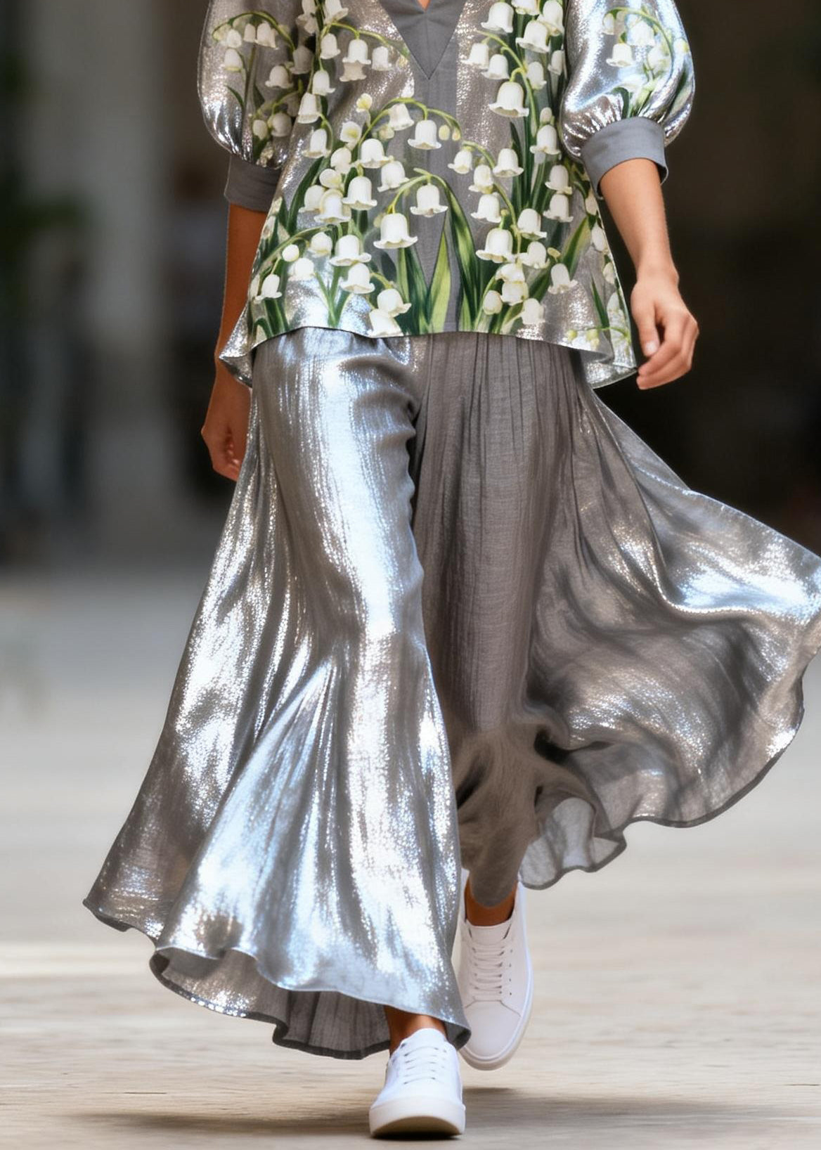 Unique Grey V Neck Print Patchwork Cotton Women Sets 2 Pieces Summer