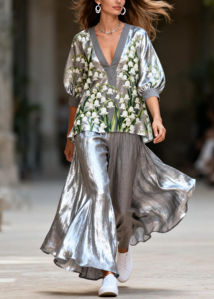Unique Grey V Neck Print Patchwork Cotton Women Sets 2 Pieces Summer