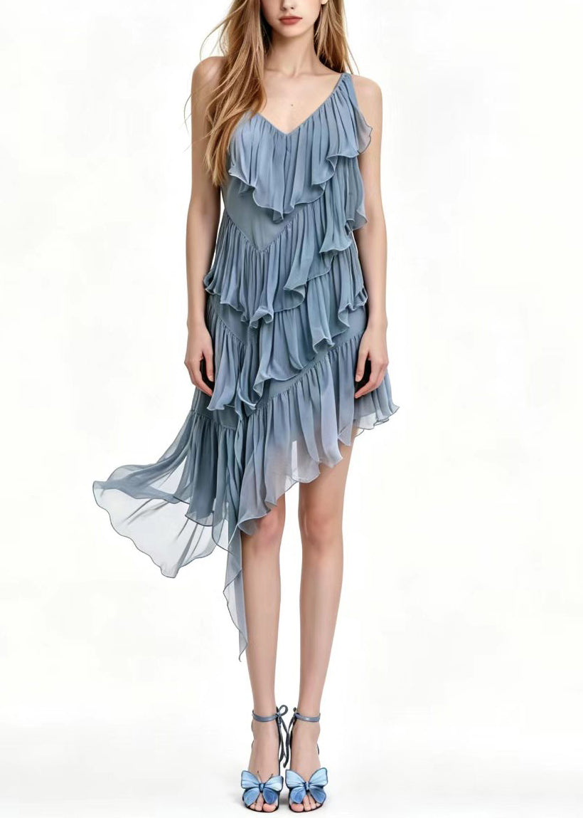 Unique Haze Blue V Neck Ruffled Asymmetrical Dress Sleeveless