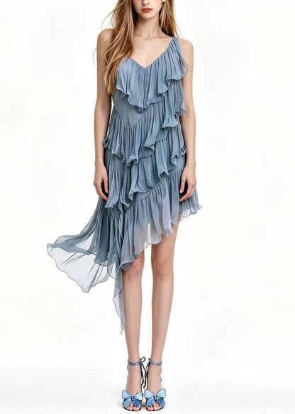 Unique Haze Blue V Neck Ruffled Asymmetrical Dress Sleeveless