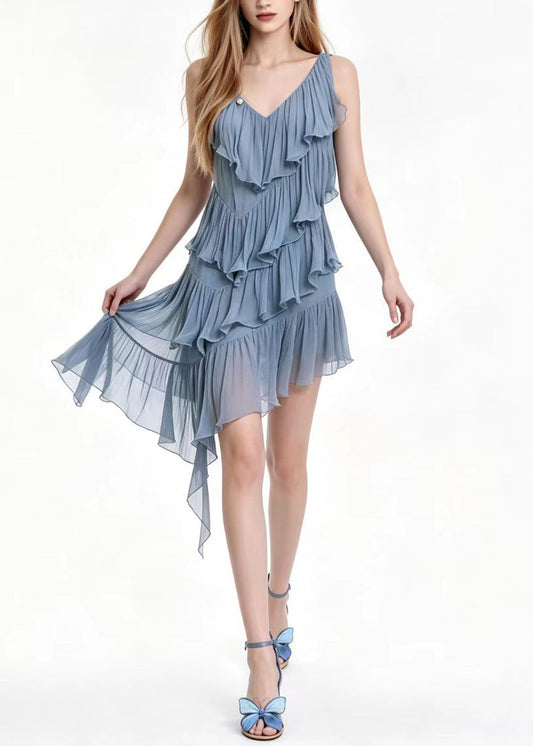Unique Haze Blue V Neck Ruffled Asymmetrical Dress Sleeveless