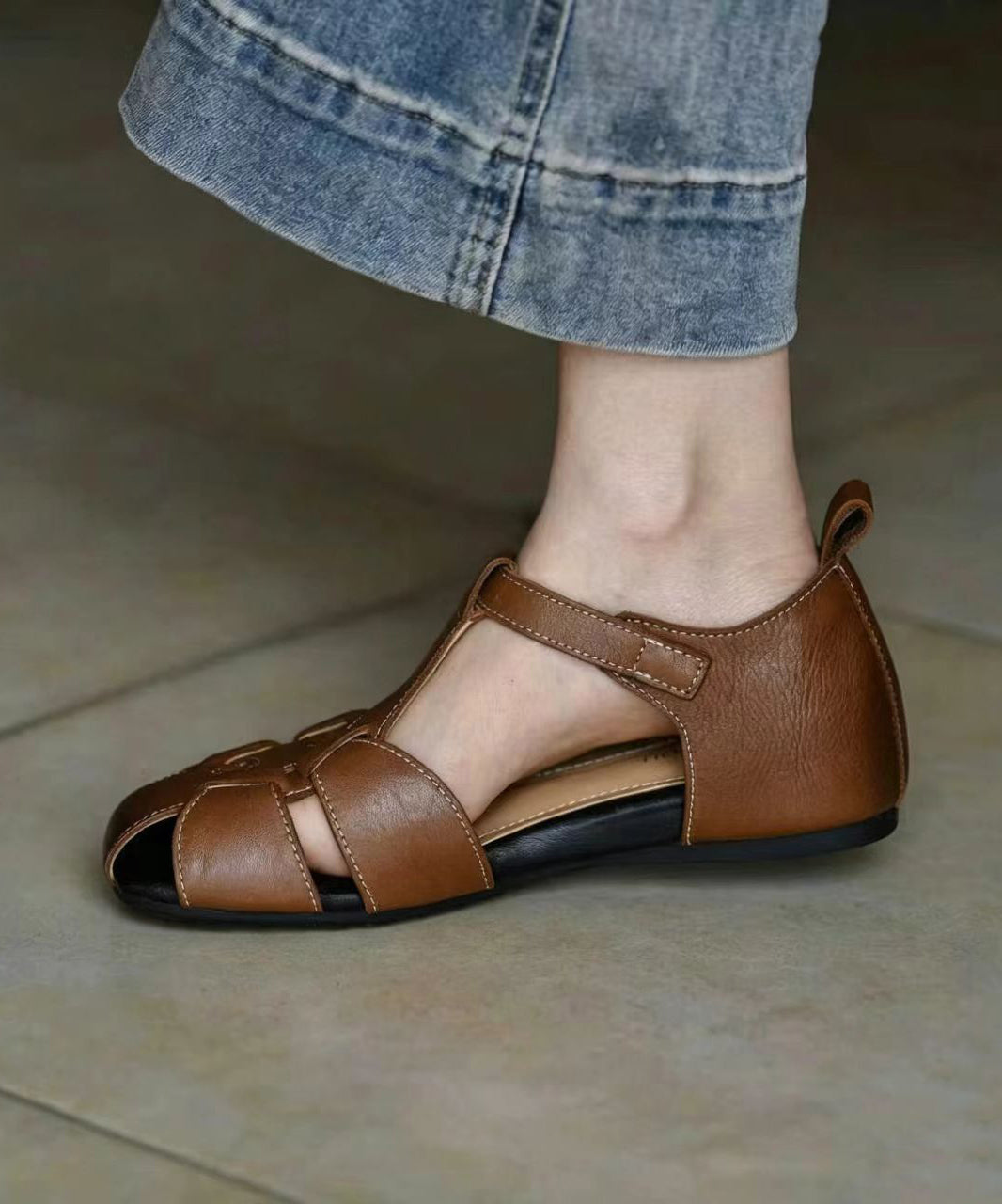 Unique Hollow Out Sandals Brown Cowhide Leather