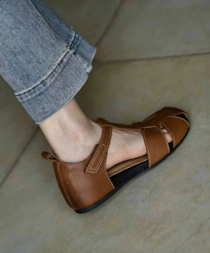 Unique Hollow Out Sandals Brown Cowhide Leather