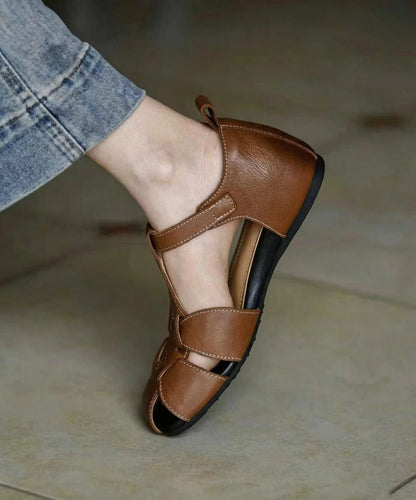 Unique Hollow Out Sandals Brown Cowhide Leather