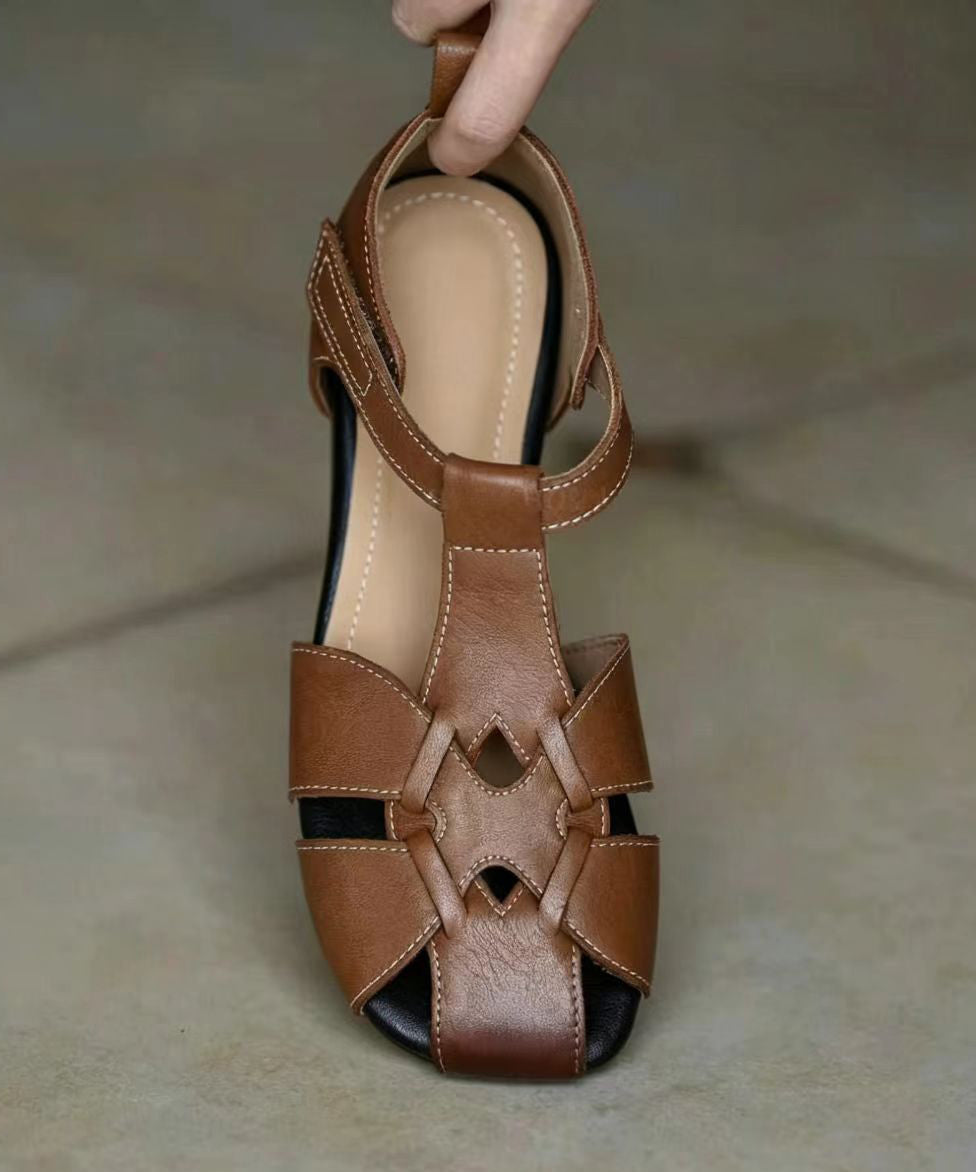 Unique Hollow Out Sandals Brown Cowhide Leather