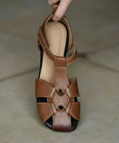 Unique Hollow Out Sandals Brown Cowhide Leather