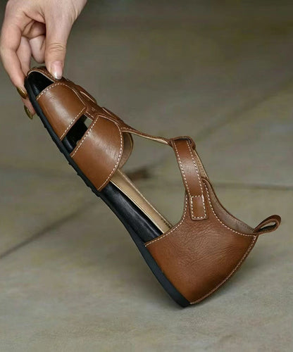 Unique Hollow Out Sandals Brown Cowhide Leather