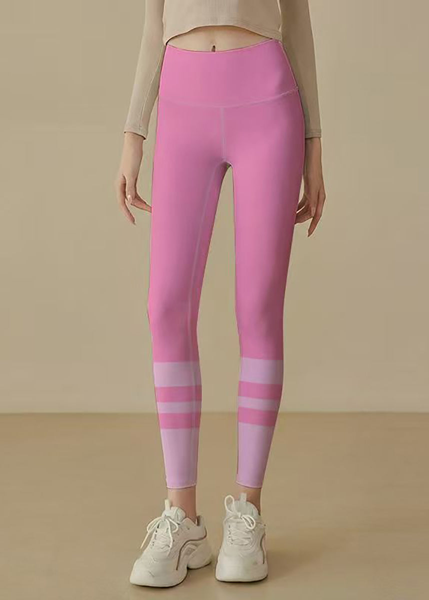 Unique Hot Pink Striped Print High Waist Tummy Control Pilates Capri Athletic Leggings