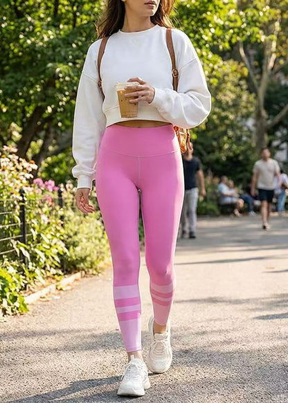 Unique Hot Pink Striped Print High Waist Tummy Control Pilates Capri Athletic Leggings