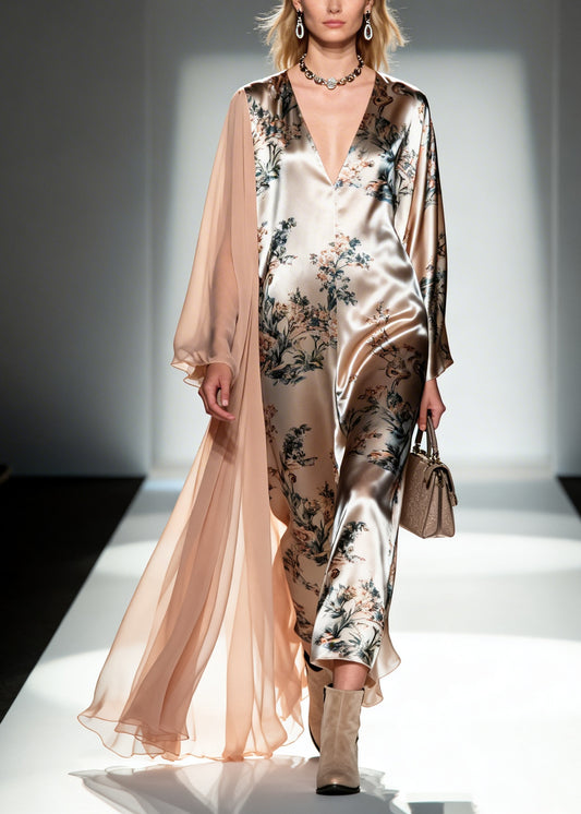 Unique Khaki Asymmetrical Patchwork Print Silk Long Dress Summer