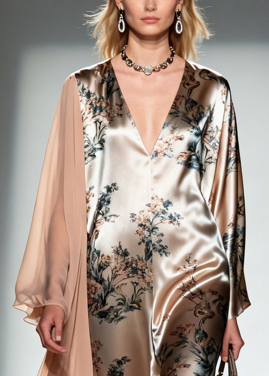 Unique Khaki Asymmetrical Patchwork Print Silk Long Dress Summer