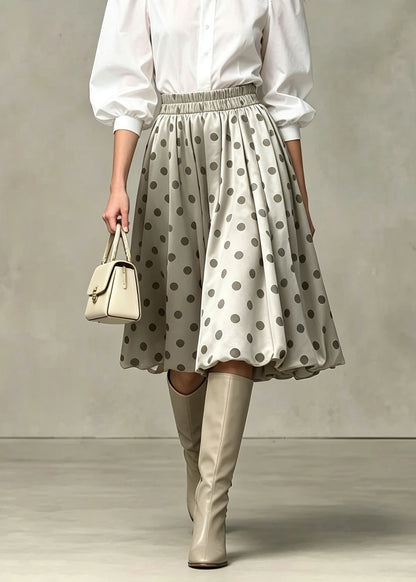 Unique Khaki Dot Elastic Waist Patchwork Cotton Skirts Fall